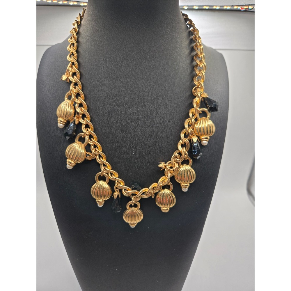 Vintage Gold Tone Shell Charm Necklace Black Bead Faux Pearl Nautical Statement